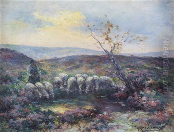 A Sheperd And His Herd At Dawn Oil Painting by Michel Korochansky