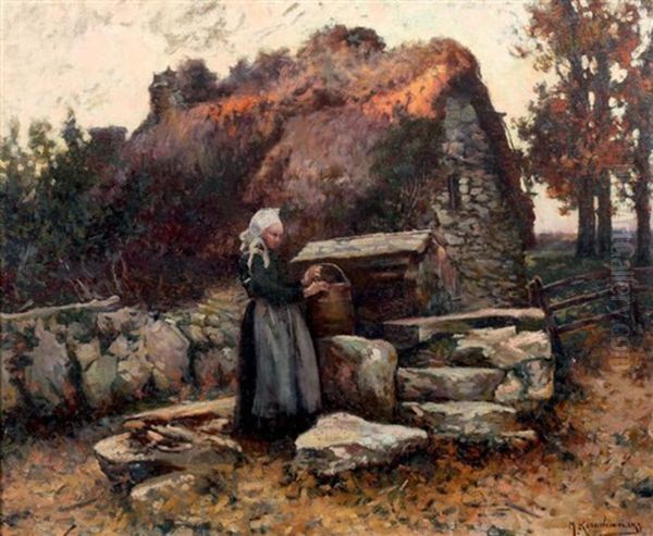 Jeune Bretonne A La Fontaine Portant La Coiffe De Guemene-sur-scorff Oil Painting by Michel Korochansky