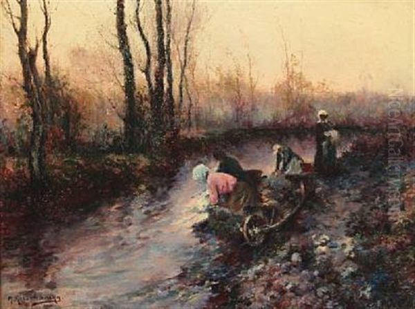 Washer Women At A Stream Oil Painting by Michel Korochansky