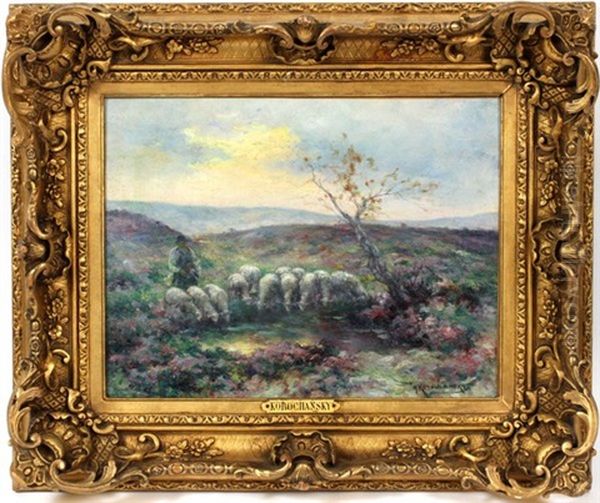 Landscape With Sheep And Shepherd Oil Painting by Michel Korochansky