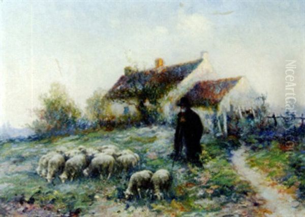 Berger Et Son Troupeau Devant La Ferme Oil Painting by Michel Korochansky