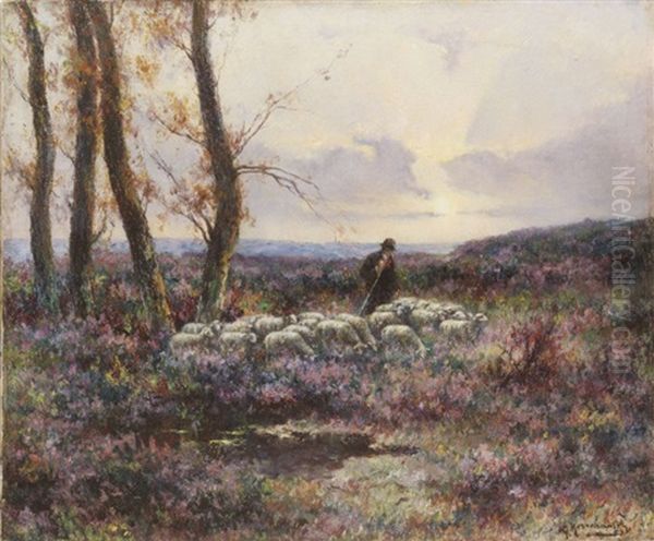 Shepherd In A Field Oil Painting by Michel Korochansky