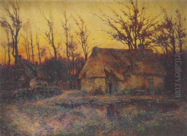 Les Maison En Foret Au Soleil Couchant Oil Painting by Michel Korochansky