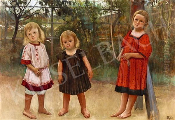 Three Children Oil Painting by Aladar Koeroesfoei Kriesch