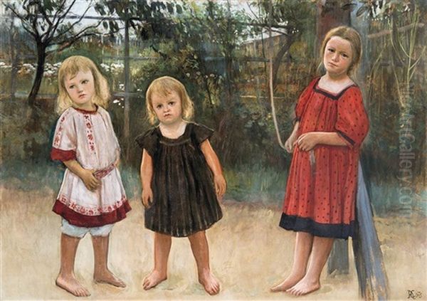 Three Children Oil Painting by Aladar Koeroesfoei Kriesch