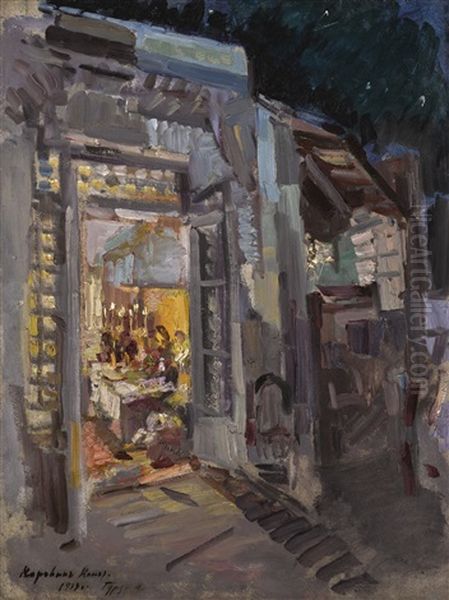 House In Gurzuf With A Candlelit Interior Oil Painting by Konstantin Alexeievitch Korovin