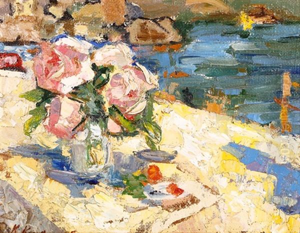 Roses On A Sand Beach, Gurzuf, Crimea Oil Painting by Konstantin Alexeievitch Korovin