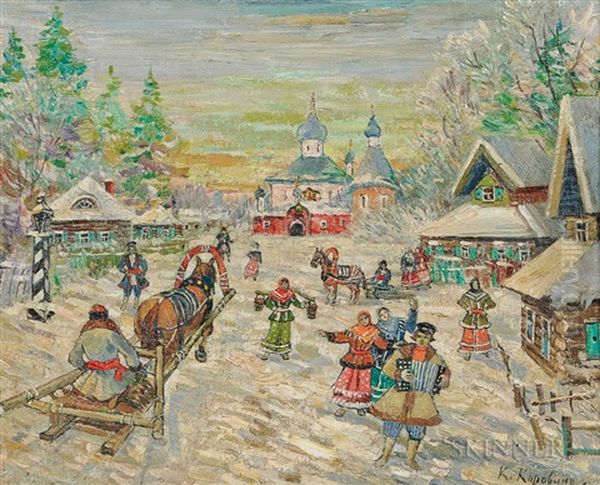 Festive Village Scene In Snow Oil Painting by Konstantin Alexeievitch Korovin