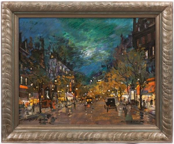 Boulevard In Paris At Night Oil Painting by Konstantin Alexeievitch Korovin