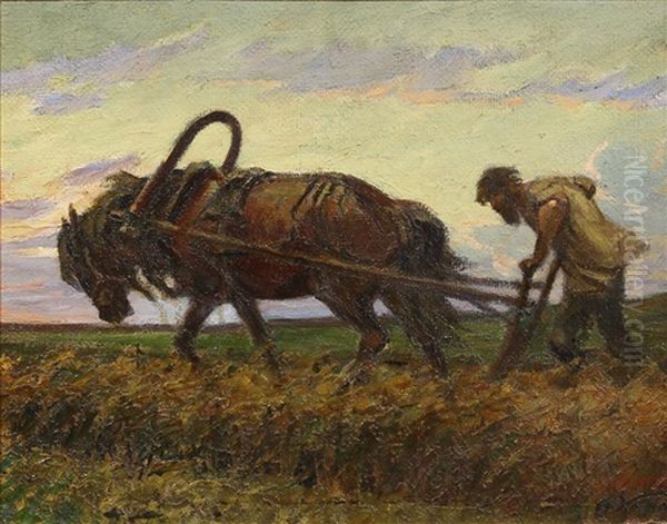 Figure Plowing Fields At Sunset by Sergey Korovin