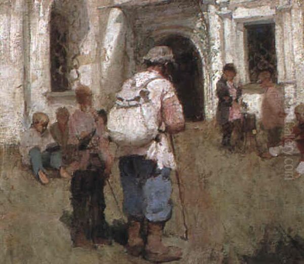 Wandering Pilgrims Outside A Church Oil Painting by Sergey Korovin