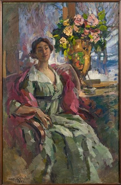 Femme Au Bouquet De Roses Oil Painting by Constatin Korovine