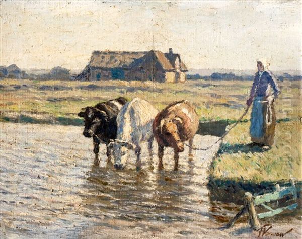 Bauerin, Die Ochsen Trankend Oil Painting by Franz Korwan