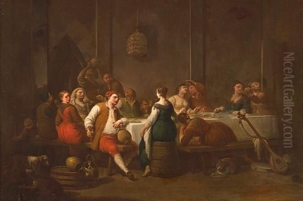 A Banqueting Scene With Numerous Figures Gathered Around A Table Oil Painting by Antonio Beccadelli