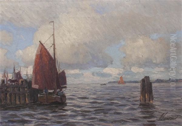 Ankernde Boote In Der Nordsee Oil Painting by Franz Korwan