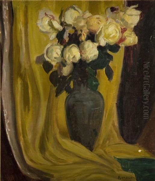 Still Life - Yellow Roses Against A Drapery Oil Painting by Stanislaus von Korzeniewski