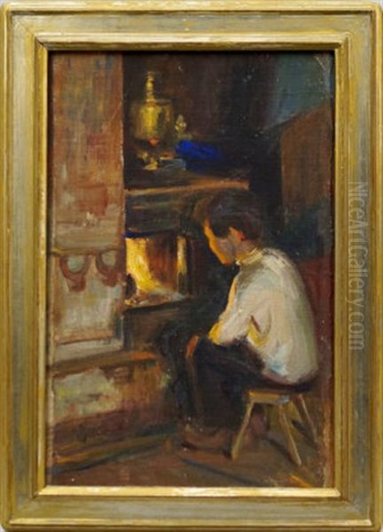 Study Of A Boy By A Fireplace Oil Painting by Stanislaus von Korzeniewski