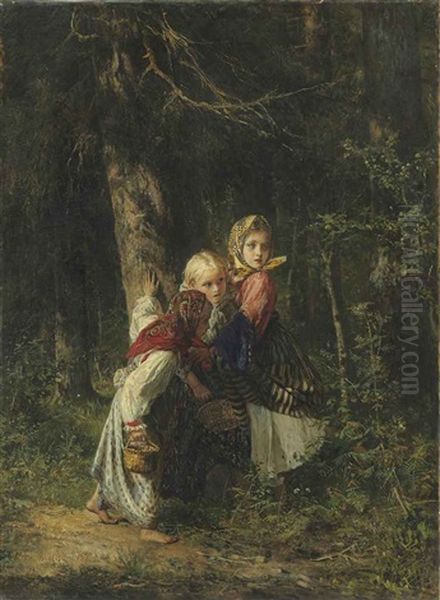 Peasant Girls In The Forest Oil Painting by Aleksei Ivanovich Korzukhin