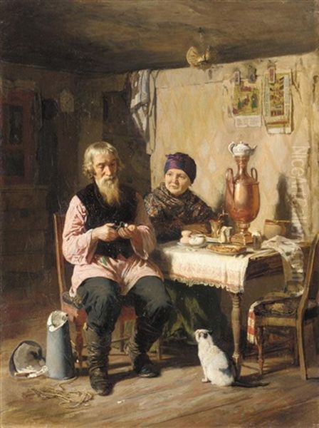 Tea Time Oil Painting by Aleksei Ivanovich Korzukhin