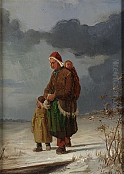 Vinterlandskap Med Mor Och Barn Oil Painting by Anders Gustav Koskull