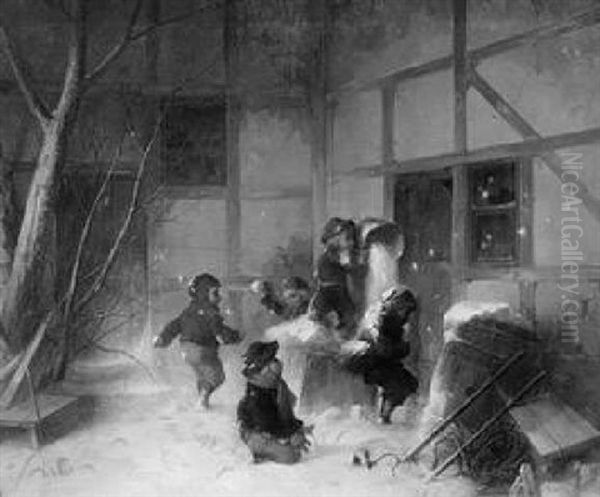 Winterfreuden - Im Hof Vor Einem Fachwerkhaus Funf Kinder Bei Einer Schneeballschlacht Oil Painting by Anders Gustav Koskull