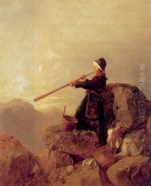 En Lille Pige, Der Blaeser Alpehorn Oil Painting by Anders Gustav Koskull