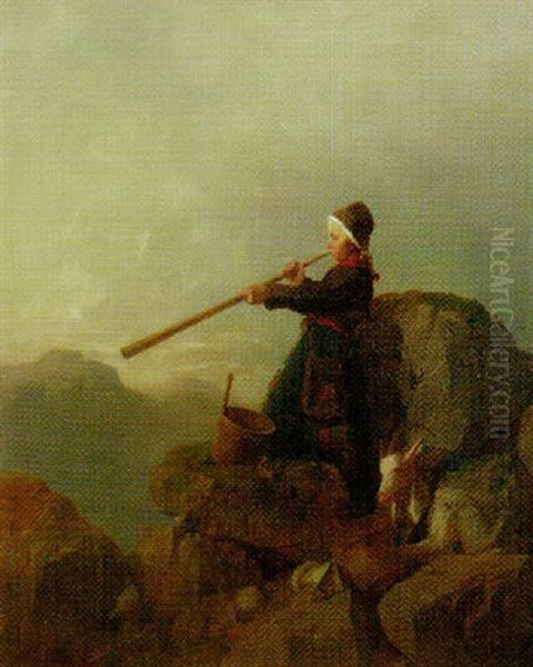 A Shepherdess Playing The Lute Oil Painting by Anders Gustav Koskull