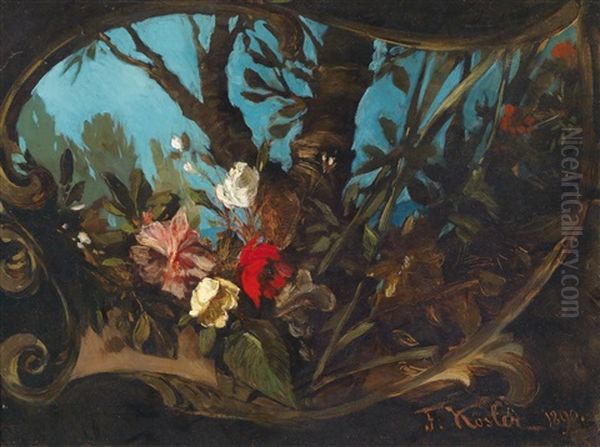 Blumenstuck Von Einer Kartusche Umgeben Oil Painting by Franz Xavier Kosler