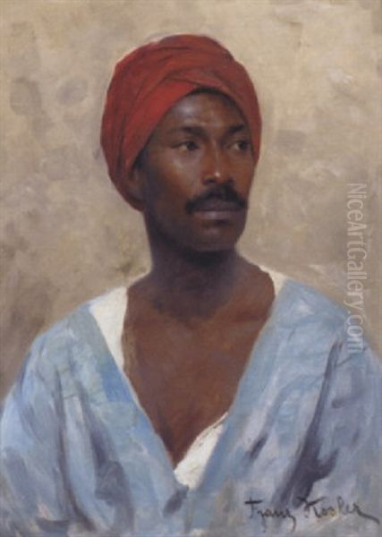 Portrait Of An Arab, Head And Shoulders, In A Blue Smock And Red Turban Oil Painting by Franz Xavier Kosler