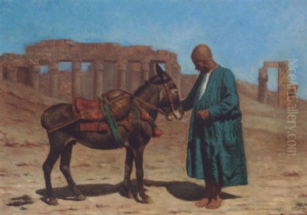 A Man Tending A Donkey In A Desert Landscape Oil Painting by Franz Xavier Kosler