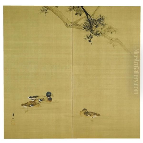 Three Ducks Wading In Water (two Fold Screen) Oil Painting by Suzuki Koson