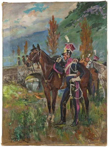 Polish Calvaryman Oil Painting by Woiciech (Aldabert) Ritter von Kossak