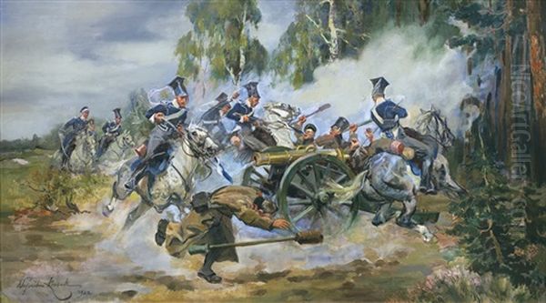 Battle At Stoczek Oil Painting by Woiciech (Aldabert) Ritter von Kossak