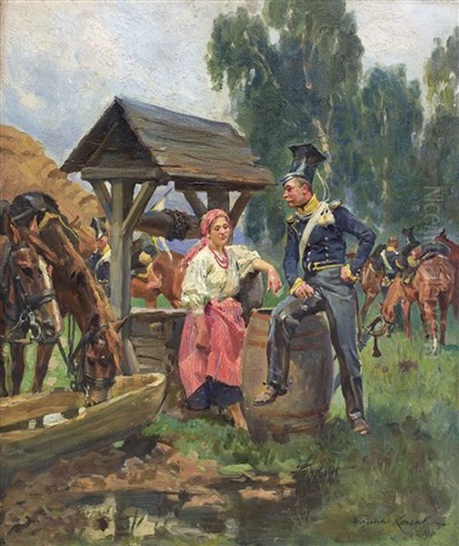 Uhlan And Girl Oil Painting by Woiciech (Aldabert) Ritter von Kossak