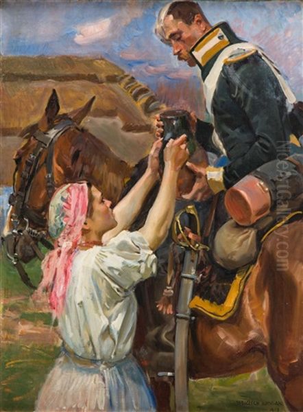 Girl Serving Jug To Soldier Oil Painting by Woiciech (Aldabert) Ritter von Kossak