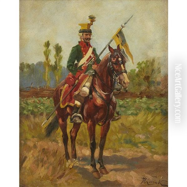 Polish Officer On Horseback Oil Painting by Woiciech (Aldabert) Ritter von Kossak