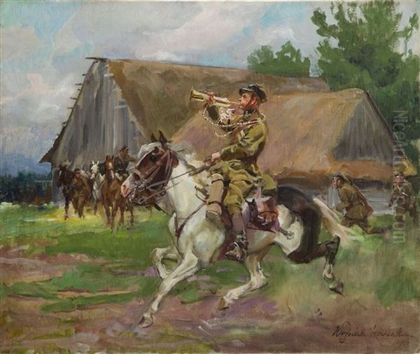 Alert Oil Painting by Woiciech (Aldabert) Ritter von Kossak