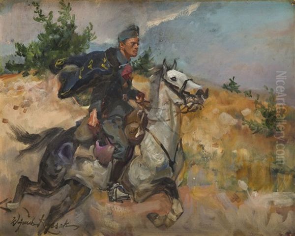 Uhlan On A Horse Oil Painting by Woiciech (Aldabert) Ritter von Kossak