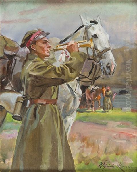 Bugler With A Horse Oil Painting by Woiciech (Aldabert) Ritter von Kossak