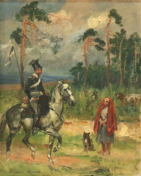 Officer Talking With A Young Girl And Her Dog Oil Painting by Woiciech (Aldabert) Ritter von Kossak