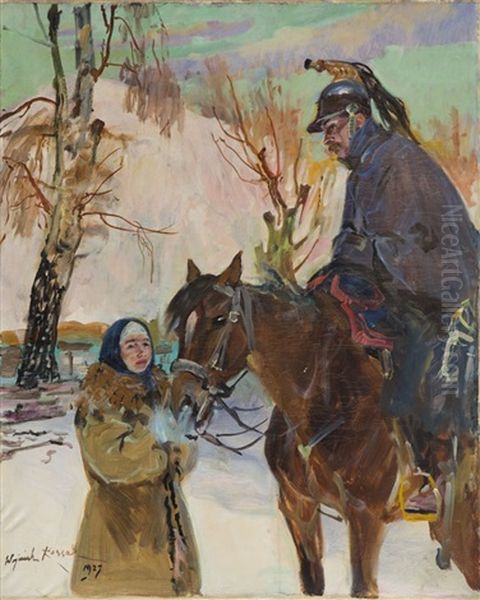 Ulan And Girl Oil Painting by Woiciech (Aldabert) Ritter von Kossak