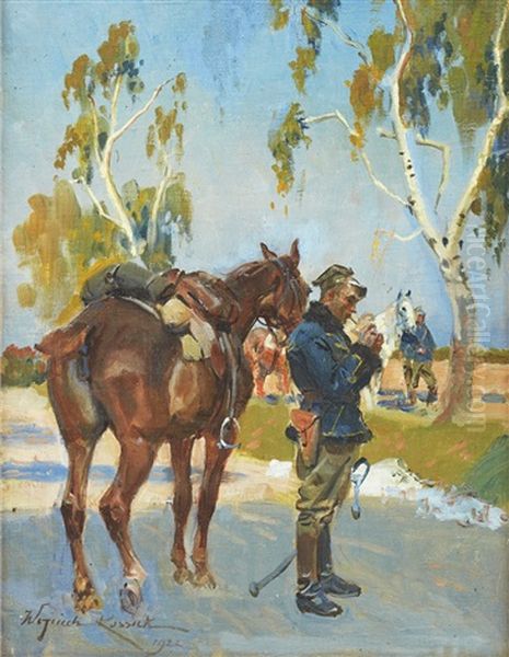 Soldier With His Horse Oil Painting by Woiciech (Aldabert) Ritter von Kossak