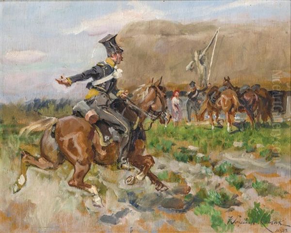 A Mounted Polish Uhlan Officer Oil Painting by Woiciech (Aldabert) Ritter von Kossak