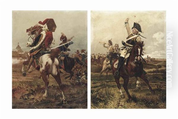 A Zieten Hussar In The Heart Of Battle; And A Cuirassier Leading The Charge (2 Works) Oil Painting by Woiciech (Aldabert) Ritter von Kossak