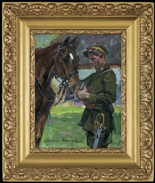 Ulan With A Horse Oil Painting by Woiciech (Aldabert) Ritter von Kossak