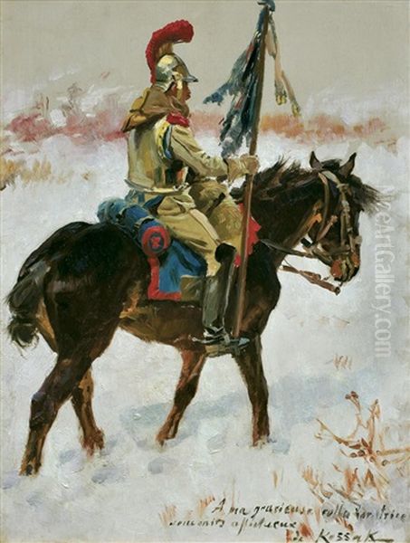 Cuirassier On The Snow Oil Painting by Woiciech (Aldabert) Ritter von Kossak