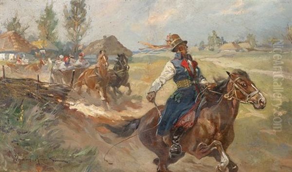 Horseman With Travelers Oil Painting by Woiciech (Aldabert) Ritter von Kossak