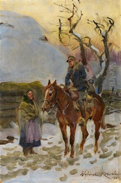 Soldat Zu Pferde Vor Bauerin Oil Painting by Woiciech (Aldabert) Ritter von Kossak