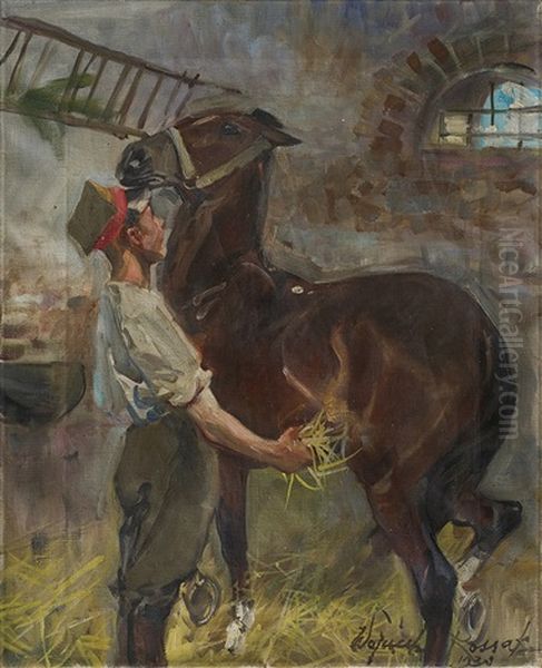 Rider With A Horse Oil Painting by Woiciech (Aldabert) Ritter von Kossak