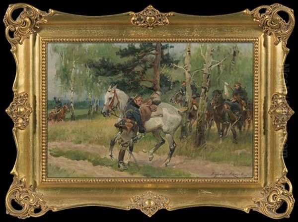 Riders On Patrol Oil Painting by Woiciech (Aldabert) Ritter von Kossak